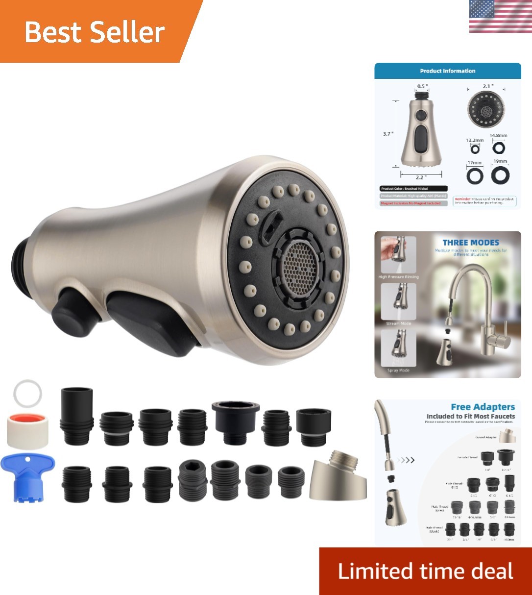 Brushed Nickel 3-Function Kitchen Faucet Nozzle with Easy Installation & Aerator