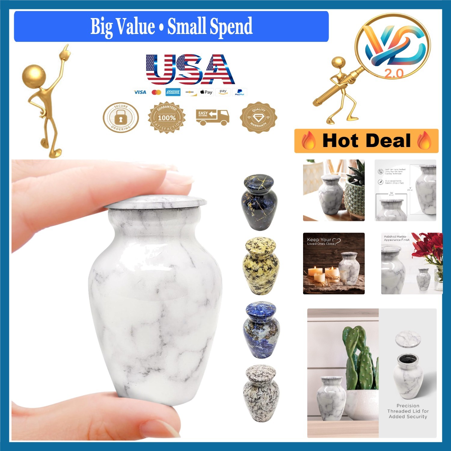 White Marble Finish Small Cremation Urn 3 Inch for Ashes with Lid Bag Funnel
