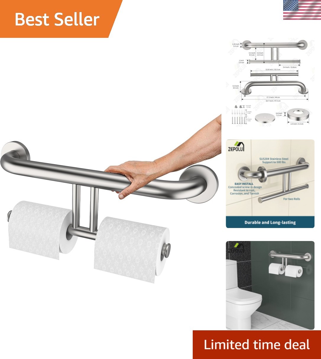 Brushed Nickel Handicap Grab Bar w/Toilet Paper Roll Holder, 2-in-1 Safety As...