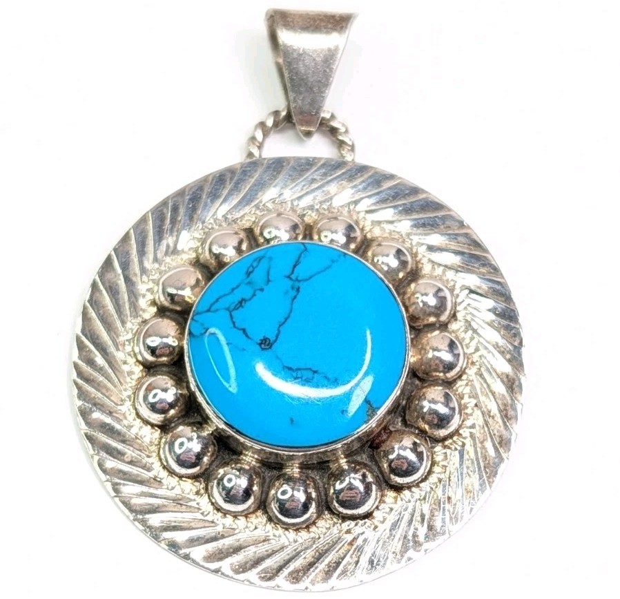 Vintage Mexico 925 Circle Pendant Sterling Silver Round Block Turquoise 1-5/8 In