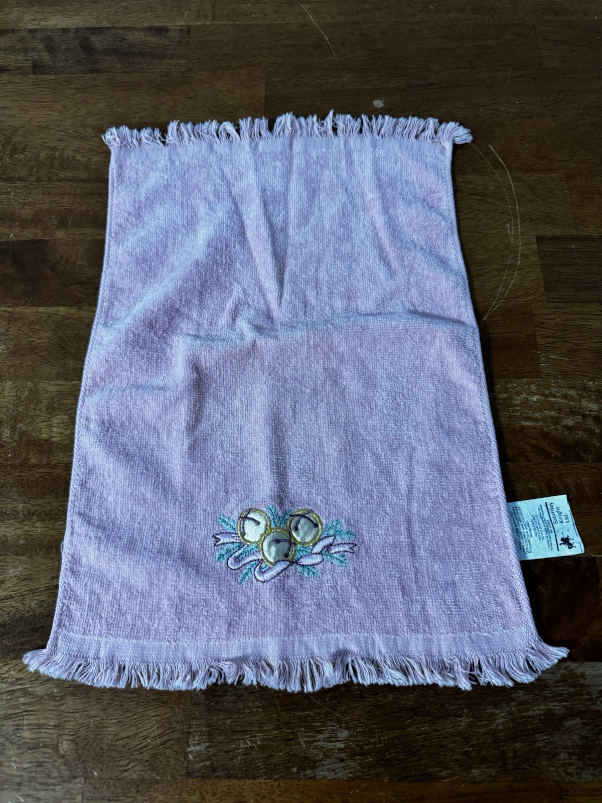 Saturday knight vintage dish cloth small Pink towel embroidered holiday Bells