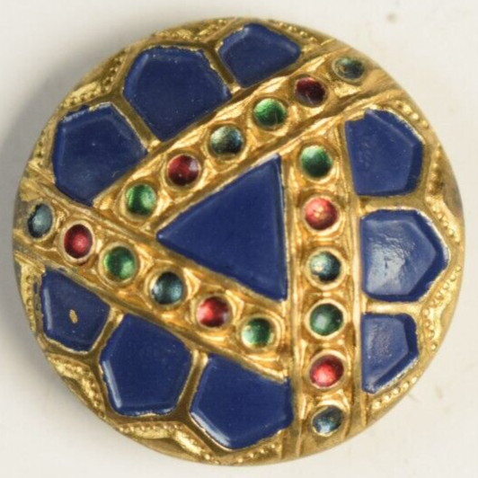 Vintage Fancy Tinted Blue Red Green Brass Button R39