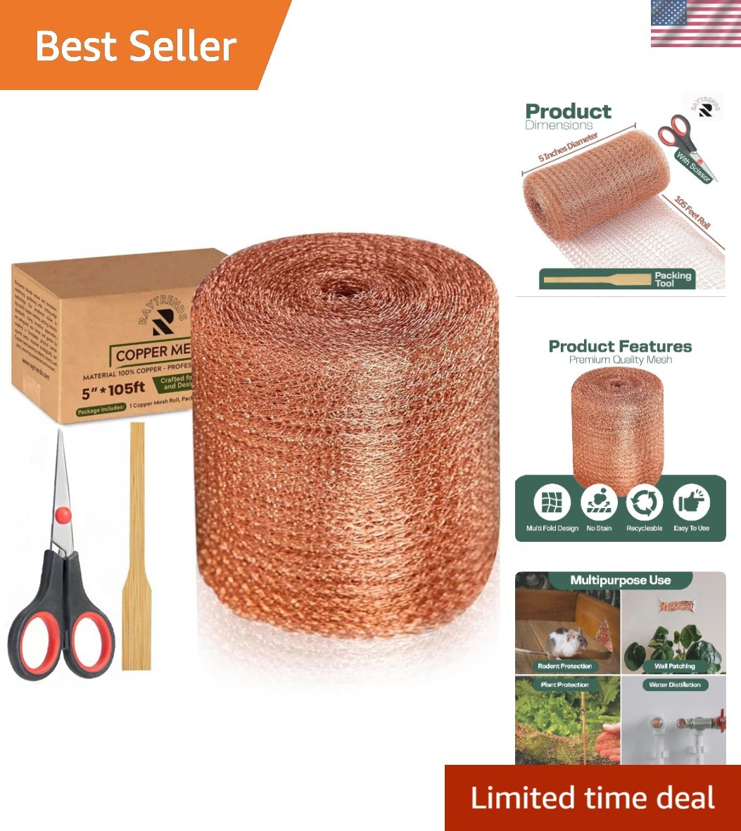 3rd Gen Copper Mesh Rodent Control Kit 5" x 105ft, 100%  Copper Wool for Seal...