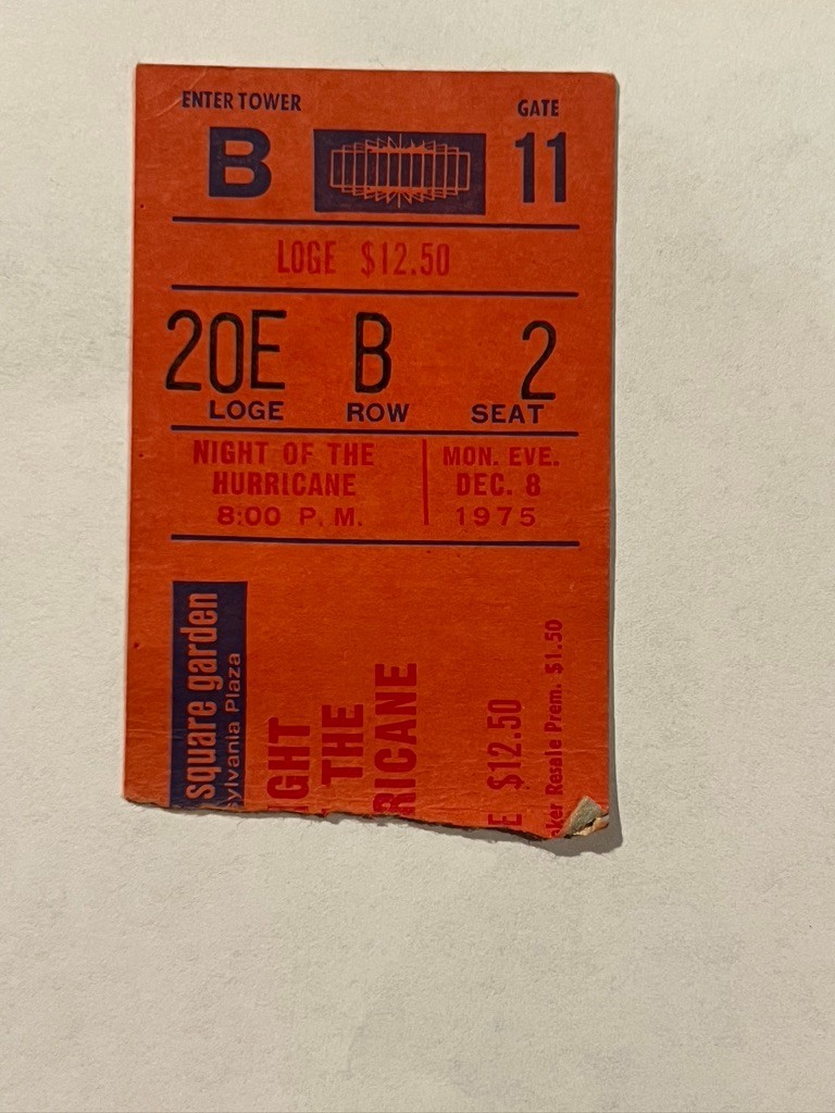 NIGHT OF THE HURRICANE DYLAN Madison Square Garden Ticket Stub December 8, 1975