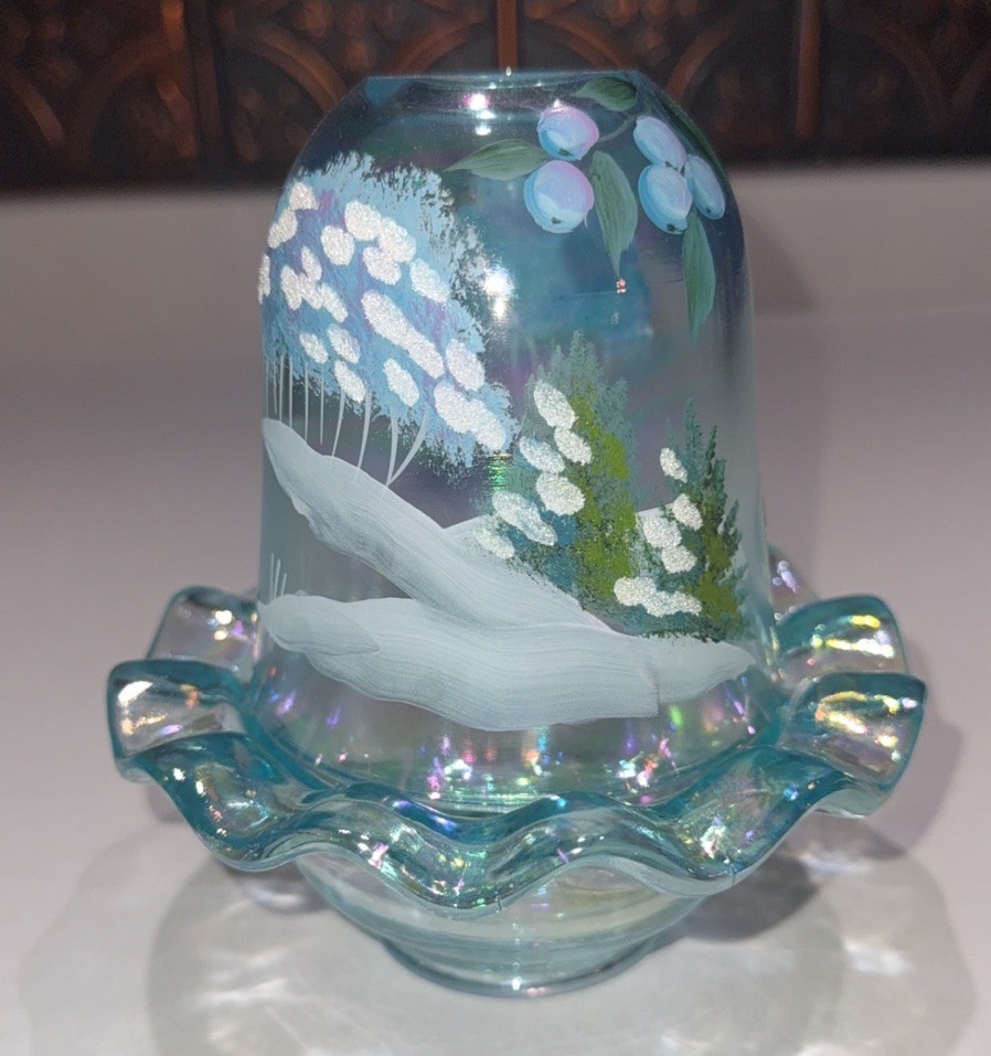 Fenton Blue Winter Wonderland Fairy Lamp Lavender/Green Trees & Blueberries 5.5”