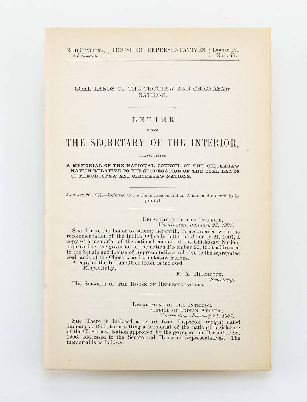 [U.S. Congress] – 1907 Choctaw and Chickasaw Coal Lands Memorial, Chickasaw…