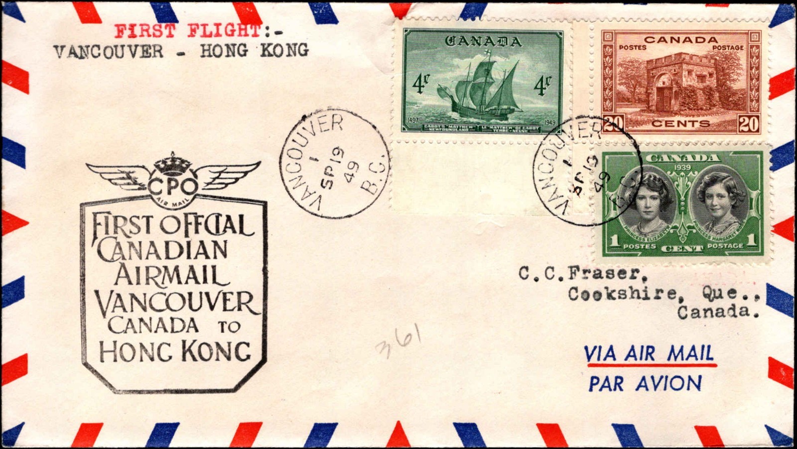 1949 First Flight Vancouver to Hong Kong Canada Airmail Cover