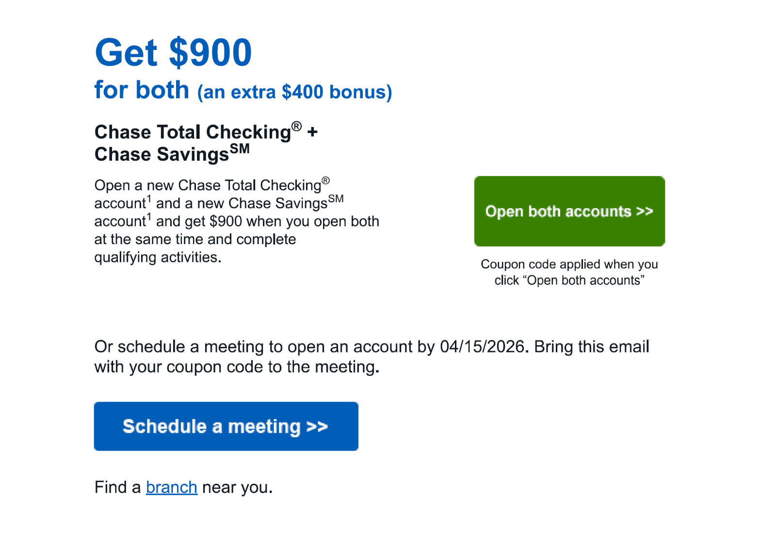 Chase Checking and Savings Account $900 Bonus Coupon Exp 4/15/26  FAST EDELIVERY