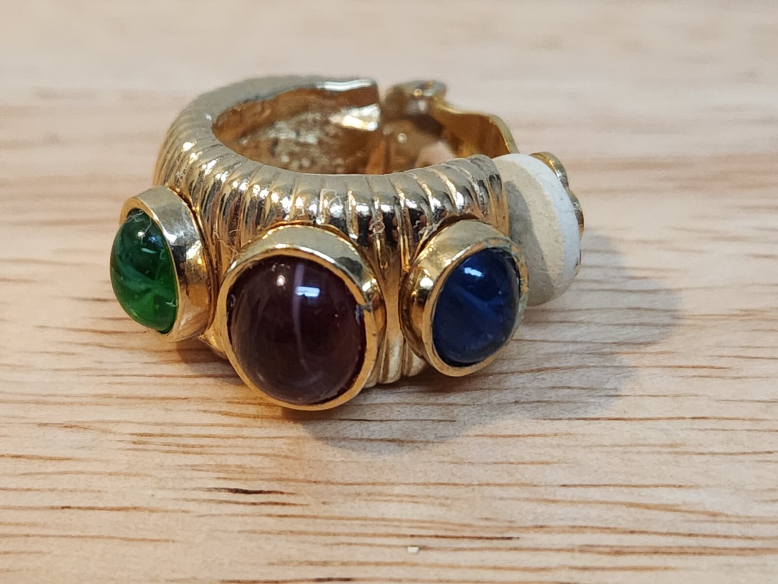 Gold Tone Jewel Sapphire Ruby Emerald Glass Hoop Designer Runway ClipOn Earrings