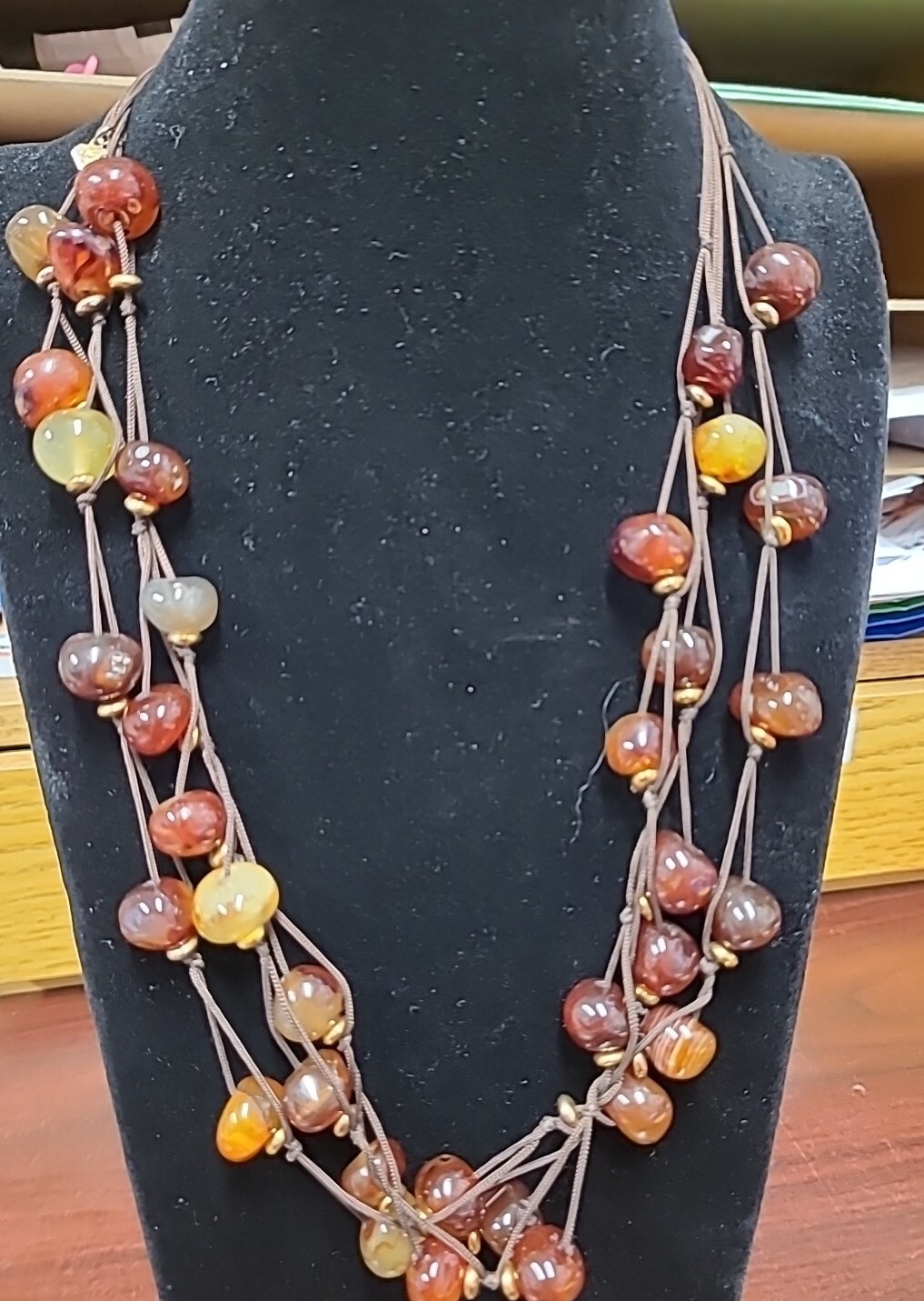 Vintage Cookie Lee Brown Cord Brown & Gold Tone Beads Multi-strand Necklace 18"