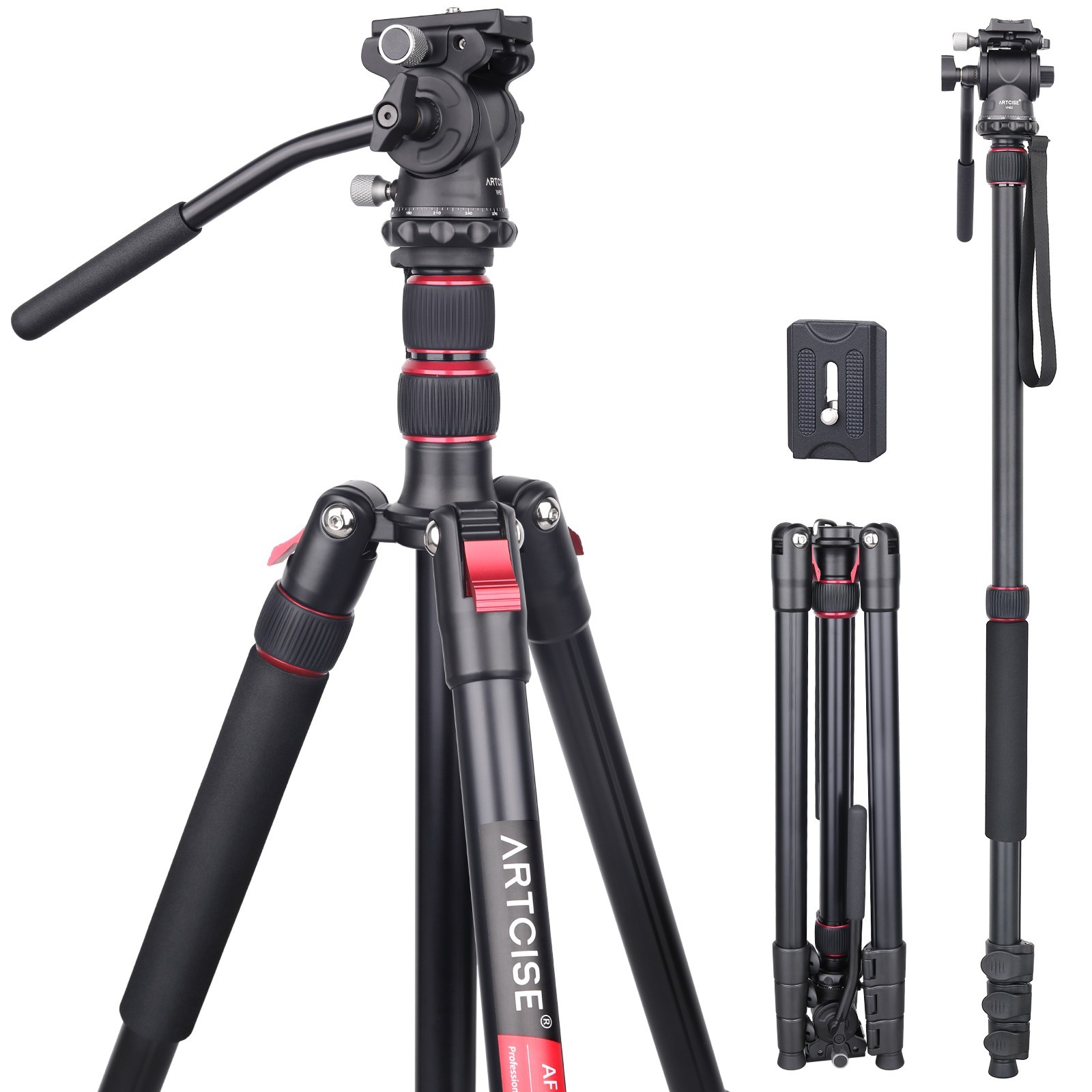 76''  Aluminum Tripod Compact Camera Tripod Travel Tripod W/ Fluid Video Head