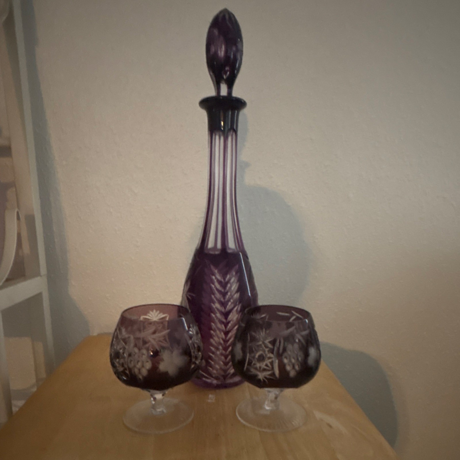Purple Clear Cut Glass Decanter Set with Stopper, Glasses, Etched Pattern
