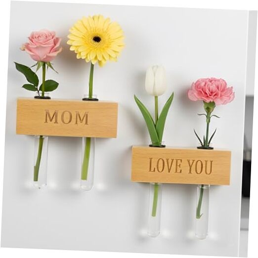 Mini Magnetic Wooden Vases with MOM & Love You Engraving - Wood Blocks with Oak
