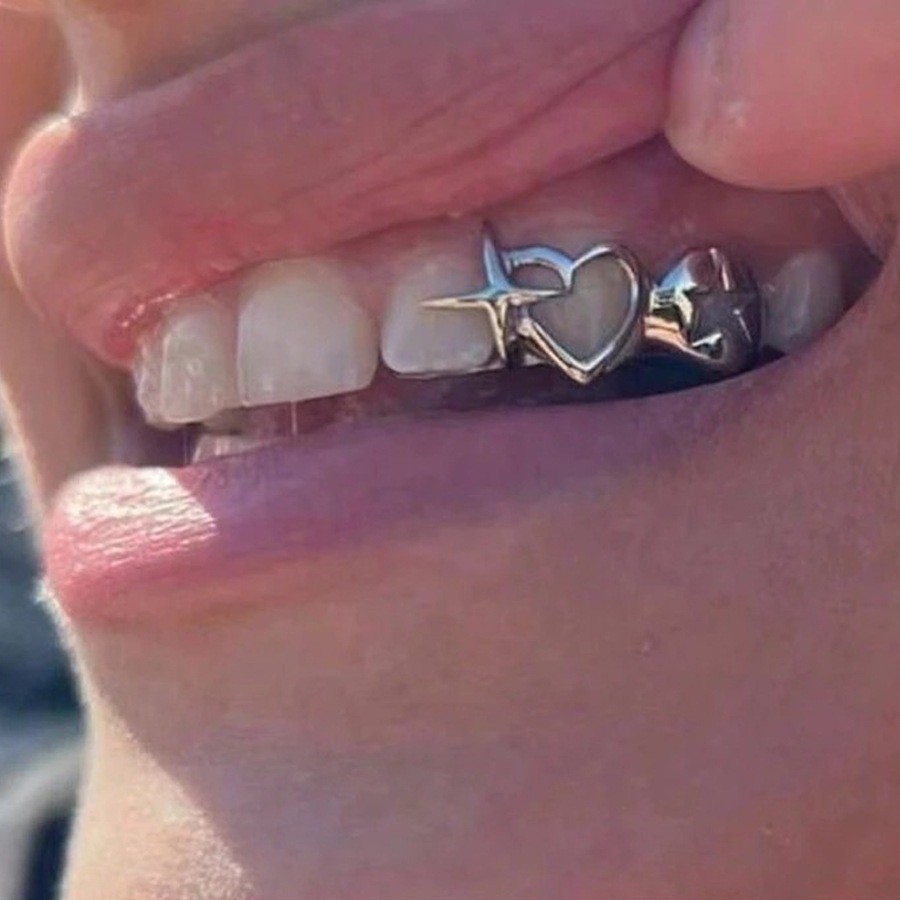 Vintage Double Hollow Heart Star Teeth Grillz Hip Hop Glossy Cross Tooth Caps