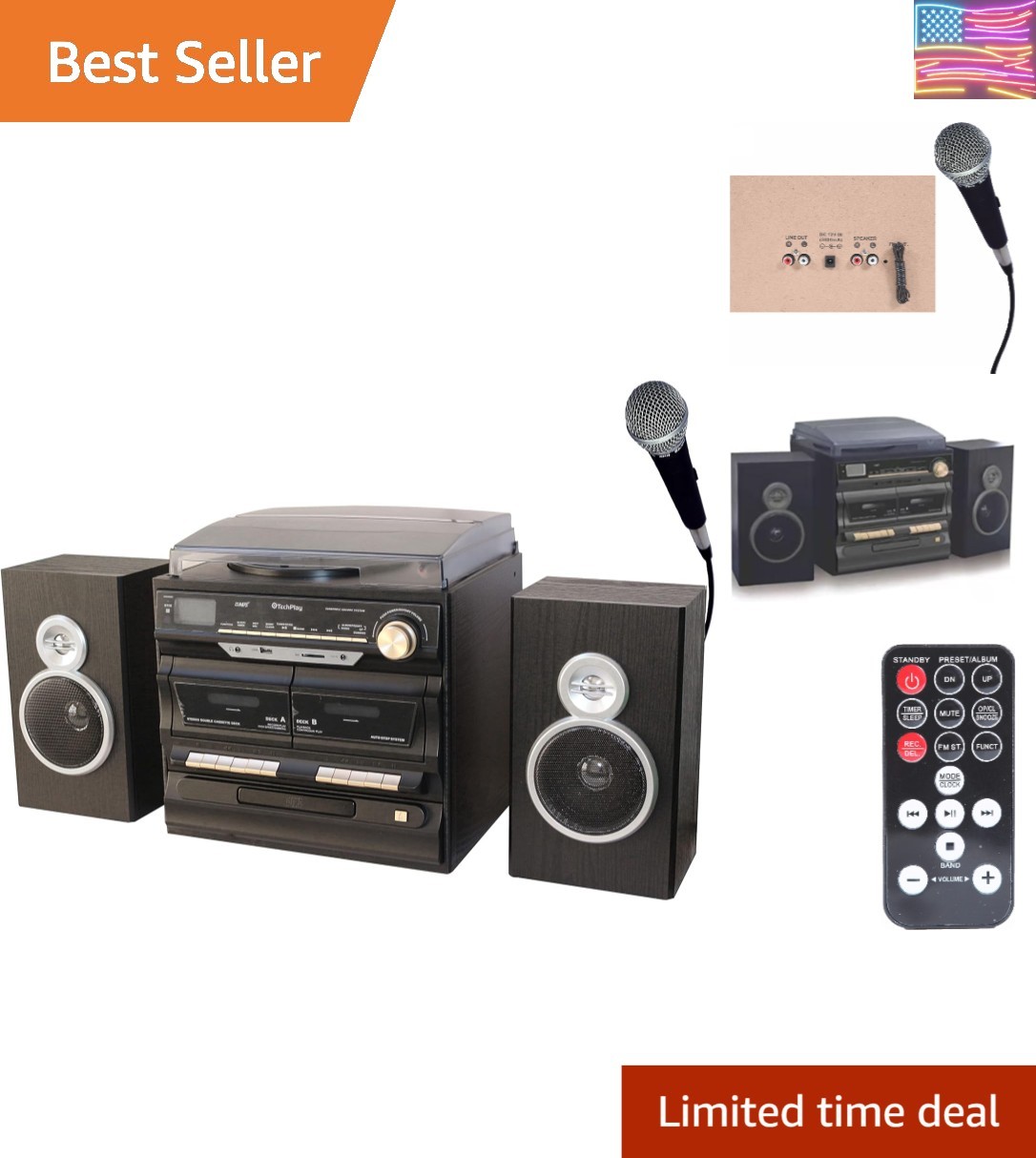 Karaoke Enabled, 30W RMS, Retro Classic Turntable, NFC Bluetooth, Double Cass...