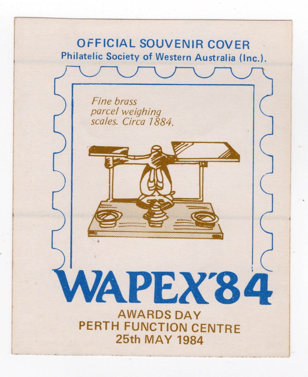 Australian Sticker 1980s Wapex ’84 Philatelic Society WA. Brass Weighing scales