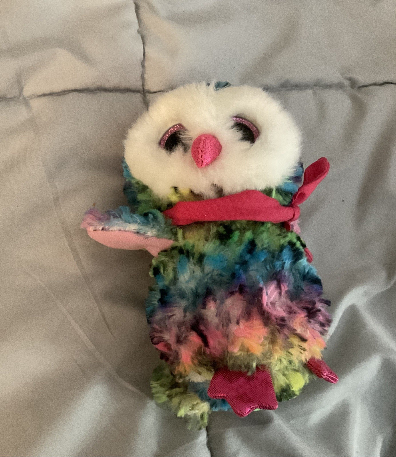 TY The Beanie Boo's OWEN the Multicolor Rainbow Owl Glitter Eyes 7"