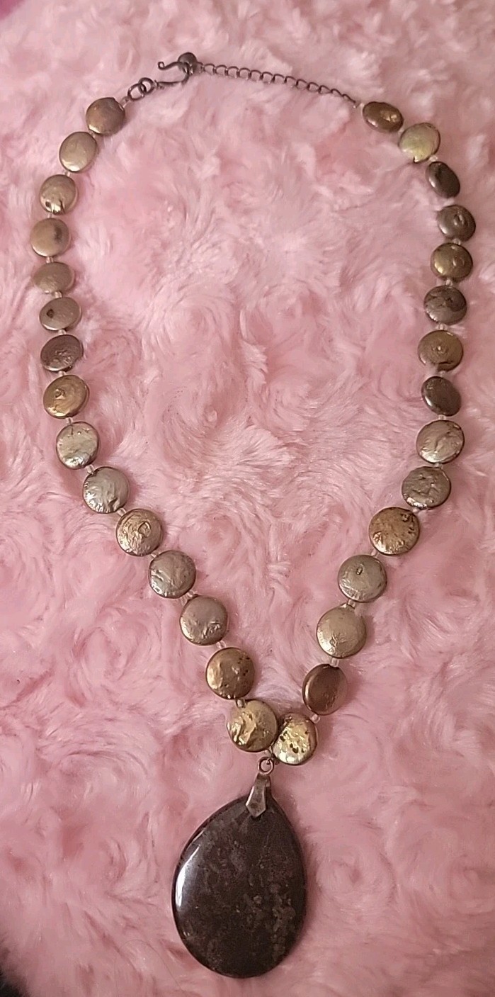 Green Spot Jasper Oval charm  necklace with metal beads. 