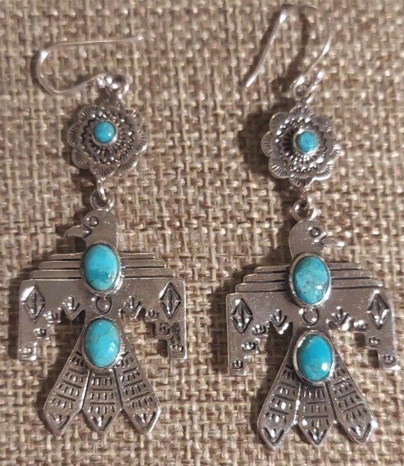 New Sterling Silver & Turquoise Thunderbird Long Earrings