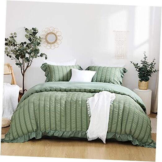  Ruffle Duvet Cover King - Boho Chic Ruffled Seersucker Bedding Sets 3 Pieces 