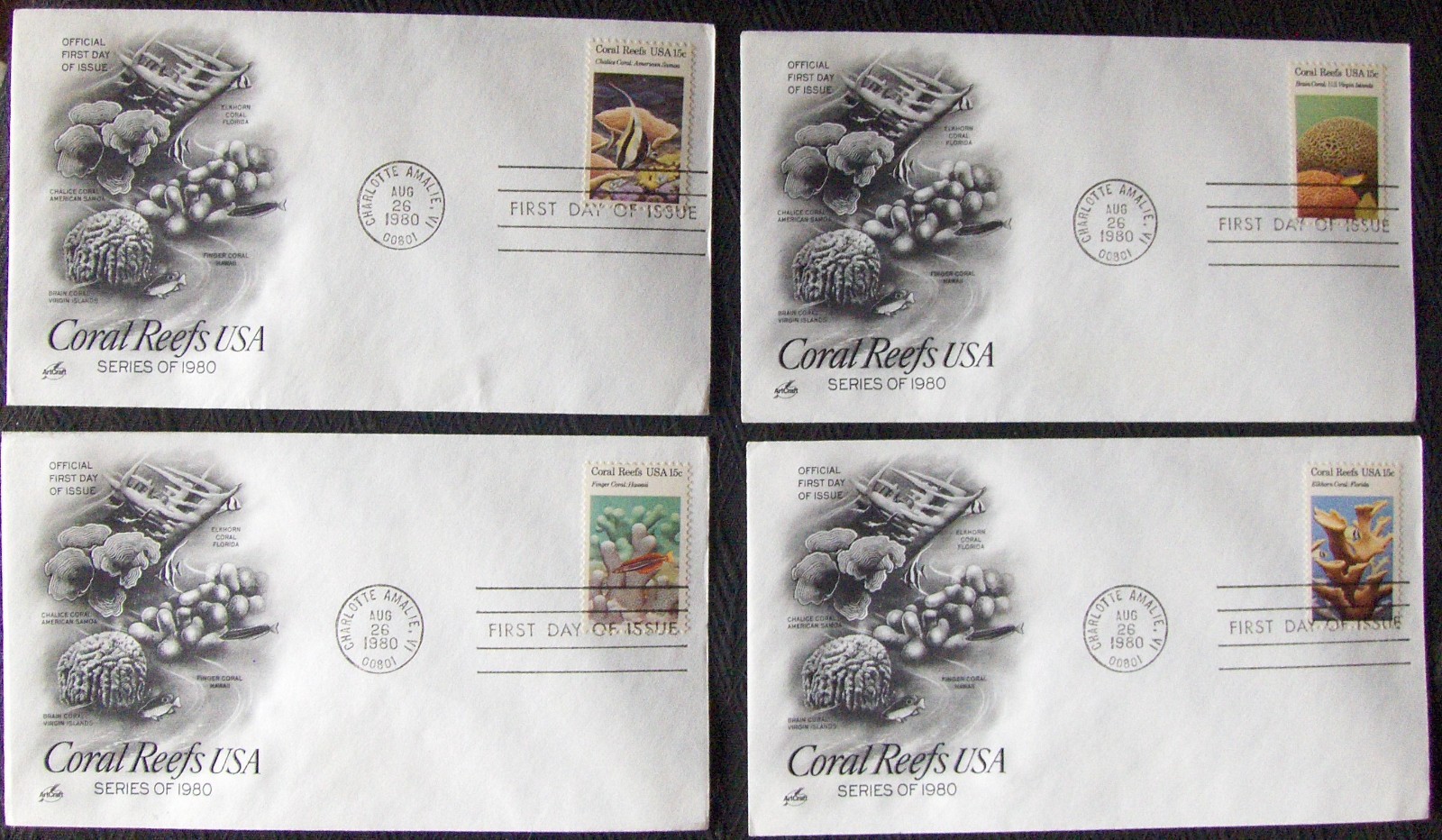 US 4 FDC 15¢ SC #1827-30 CORAL REEFS USA 1980 Art Craft.