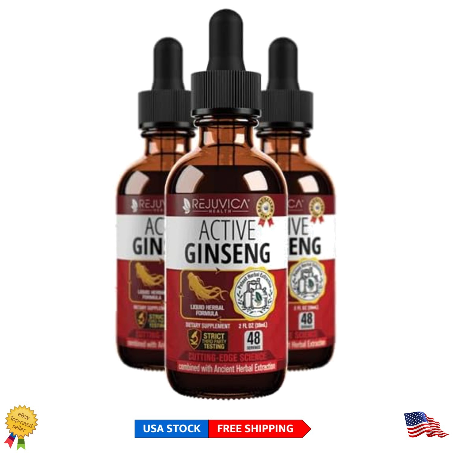 Active Ginseng Drops - Korean Red Panax for Fast Energy & Mood Boost, 3-Pack