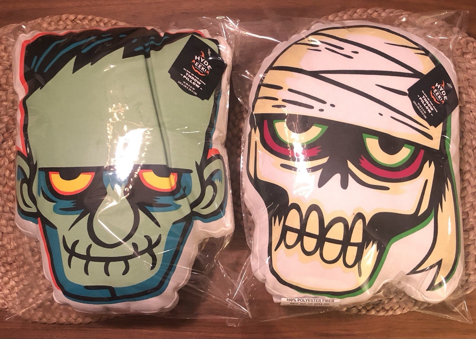 Halloween Mummy & Frankenstein 2 Pillow Glow In the Dark 14” Inch Hyde Eek - New