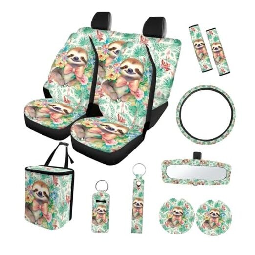  Print Car Seat Cover Car Accessories Set Steering Wheel Sloth Flower Leaf