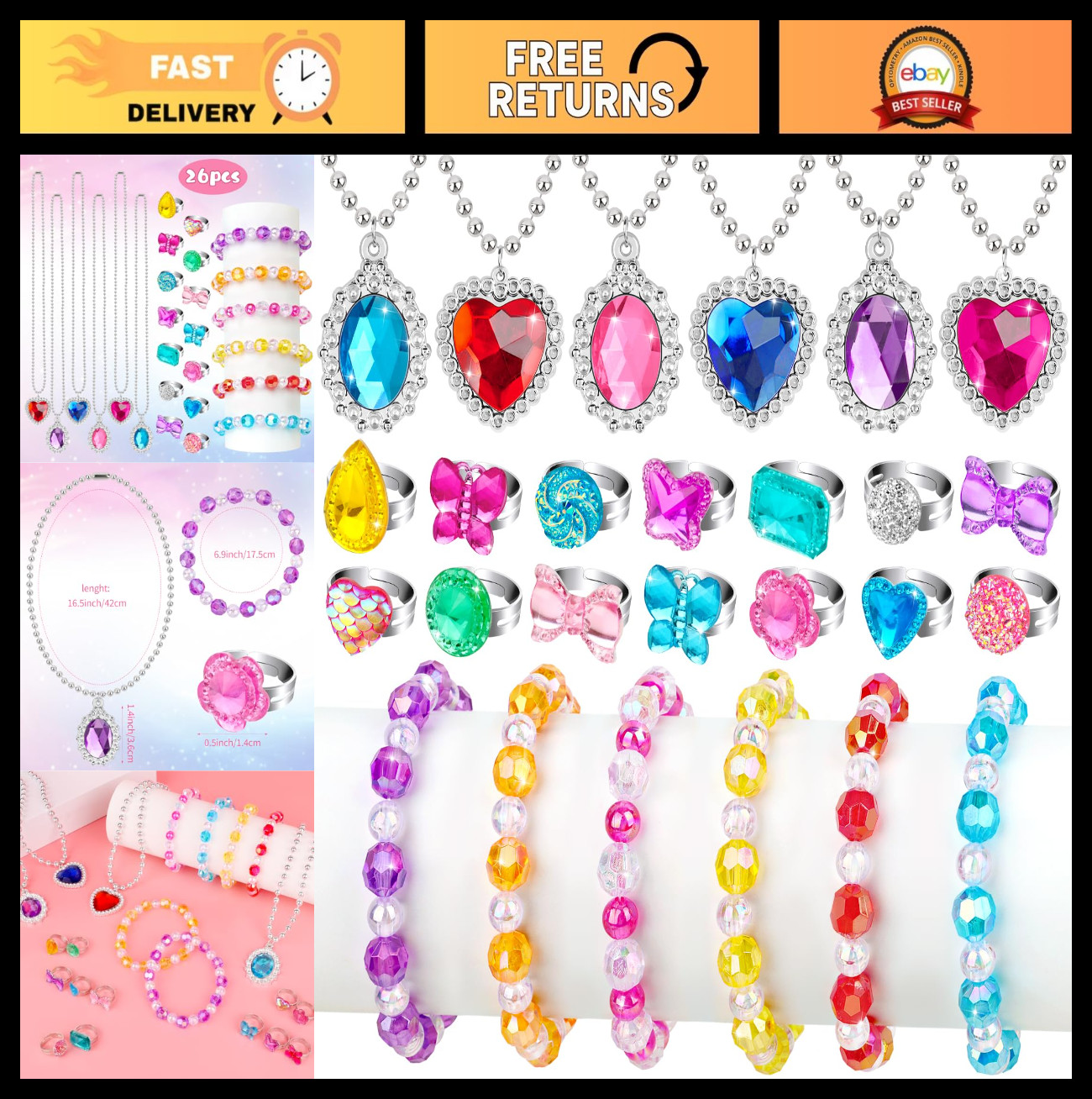 Princess Dress Up Jewelry Set for Kids - Bracelets, Necklaces & Rings for Ages 3