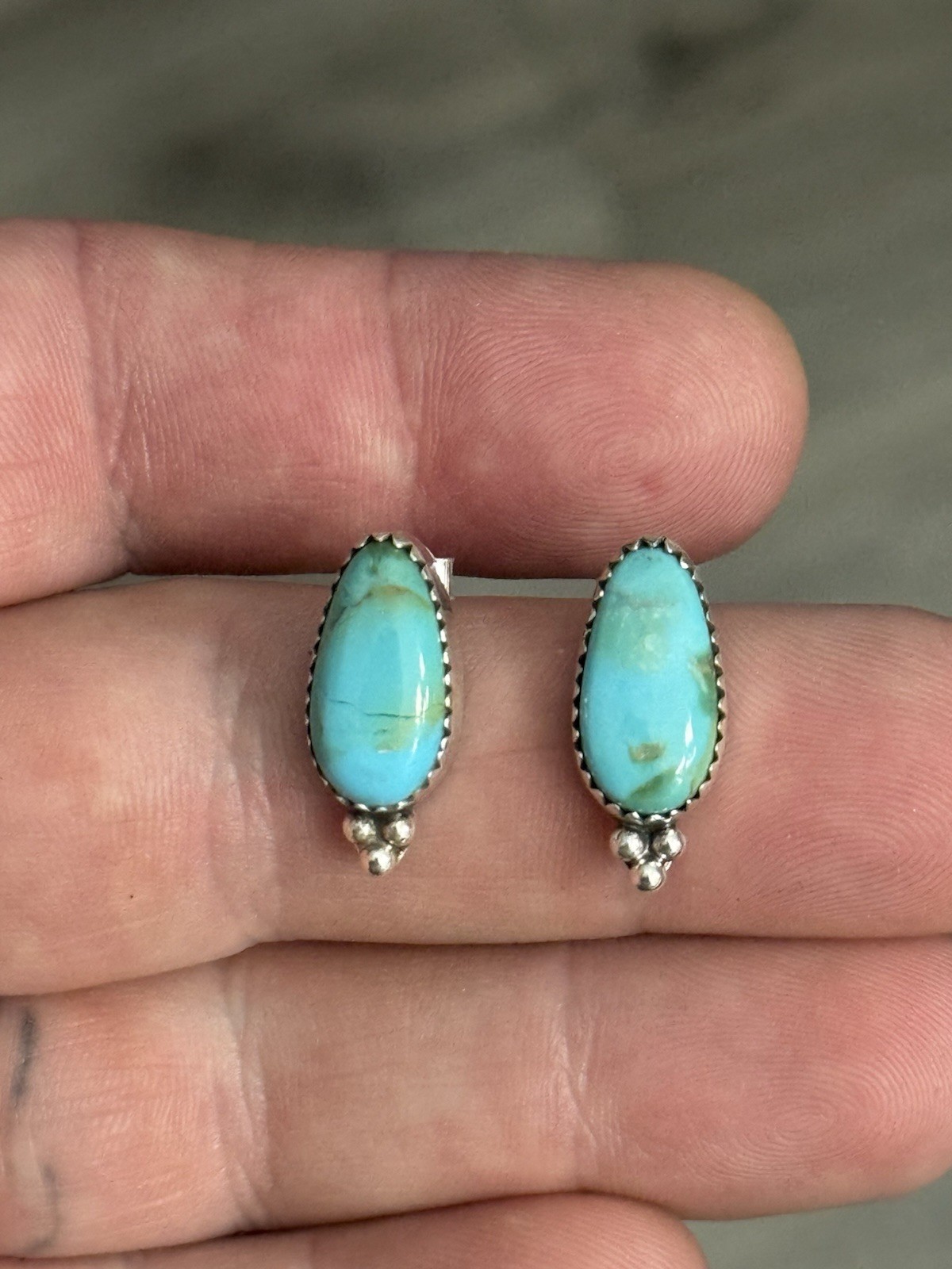 STERLING SILVER TURQUOISE TEARDROP 7/8” SINGLE STONE POST STUD EARRINGS .925