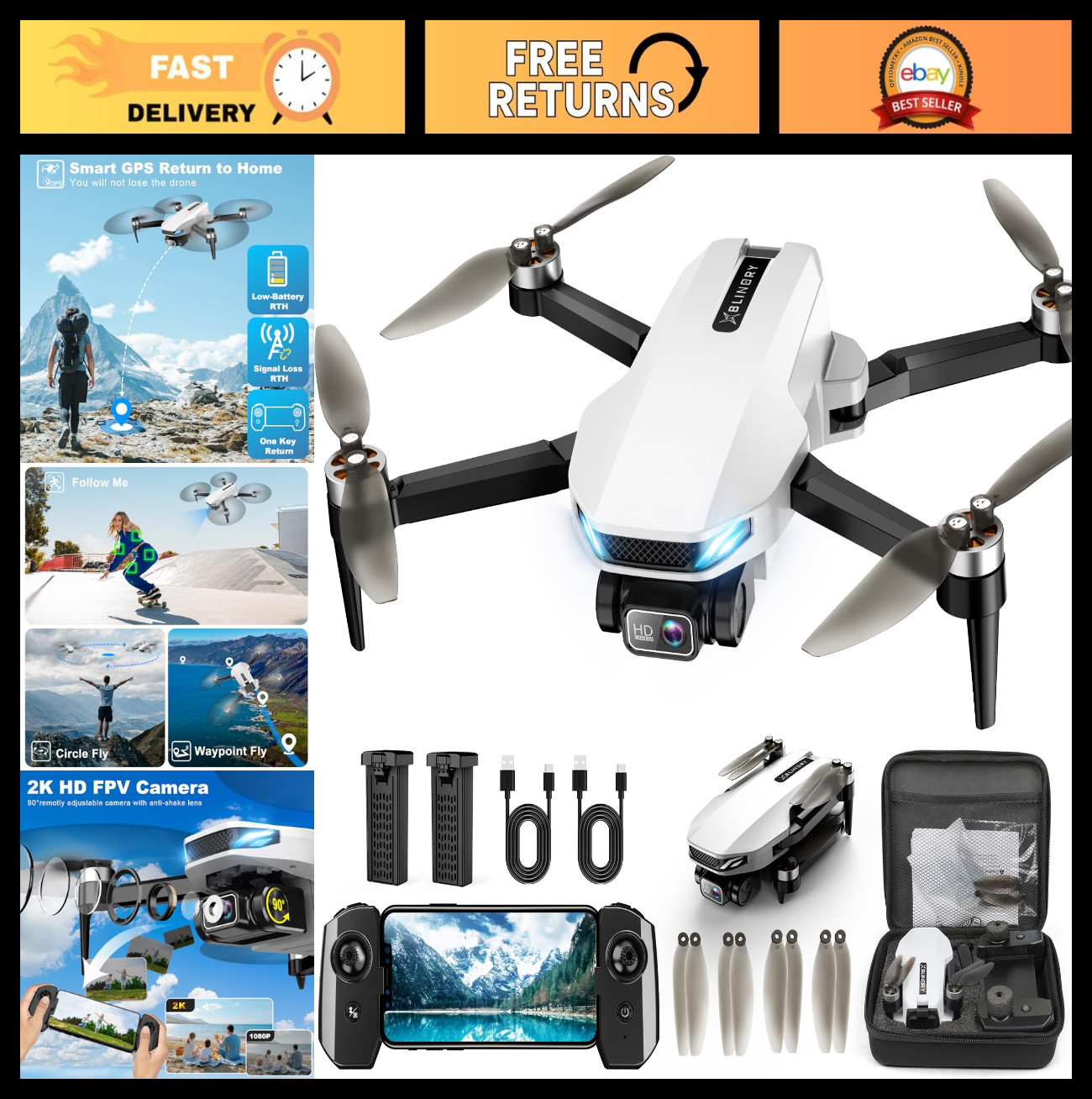2K HD GPS Drone with Camera, Foldable Quadcopter, Auto Return, Follow Me, FPV, B