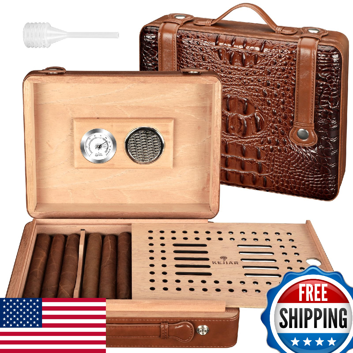 KEJIAR Leather Cedar Wood Cigar Humidor Case Box w/ Hygrometer & Humidifier