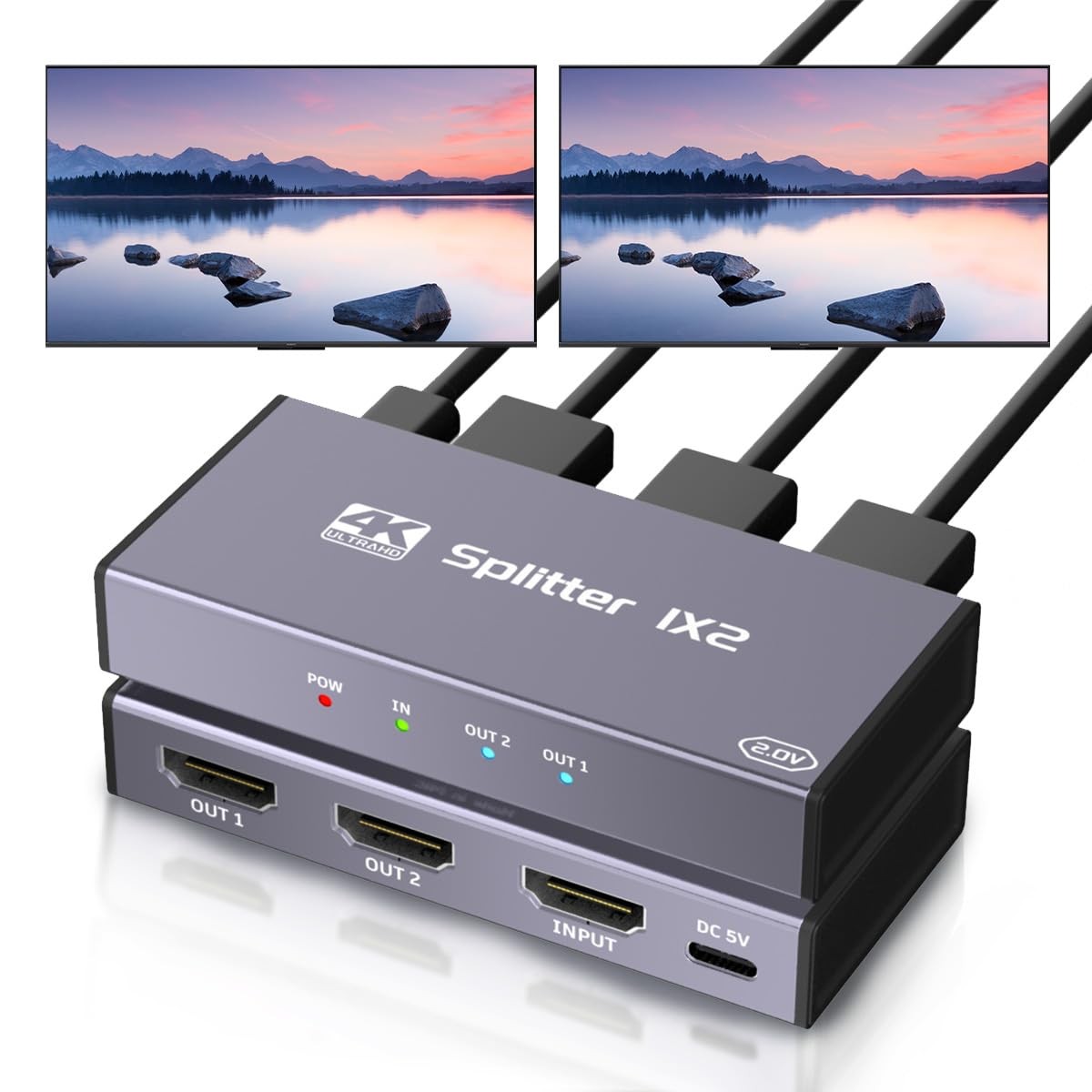 HDMI Splitter 1 in 2 Out, 4K UHD HDMI Splitter for Dual Monitors, with Mirror...