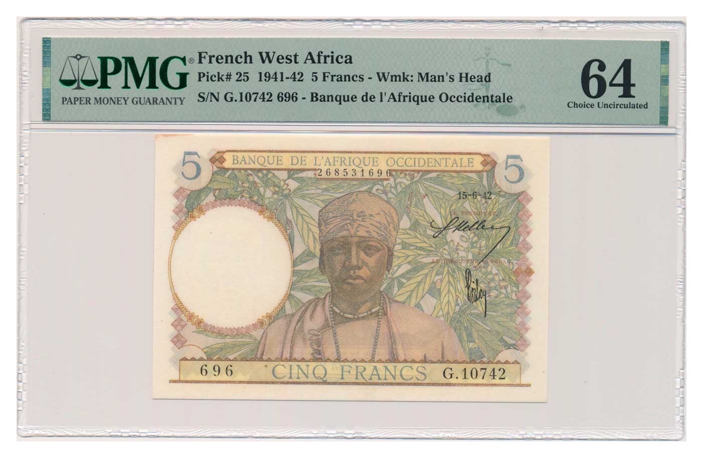 FRENCH WEST AFRICA banknote 5 Francs 15.6.1942. PMG MS 64
