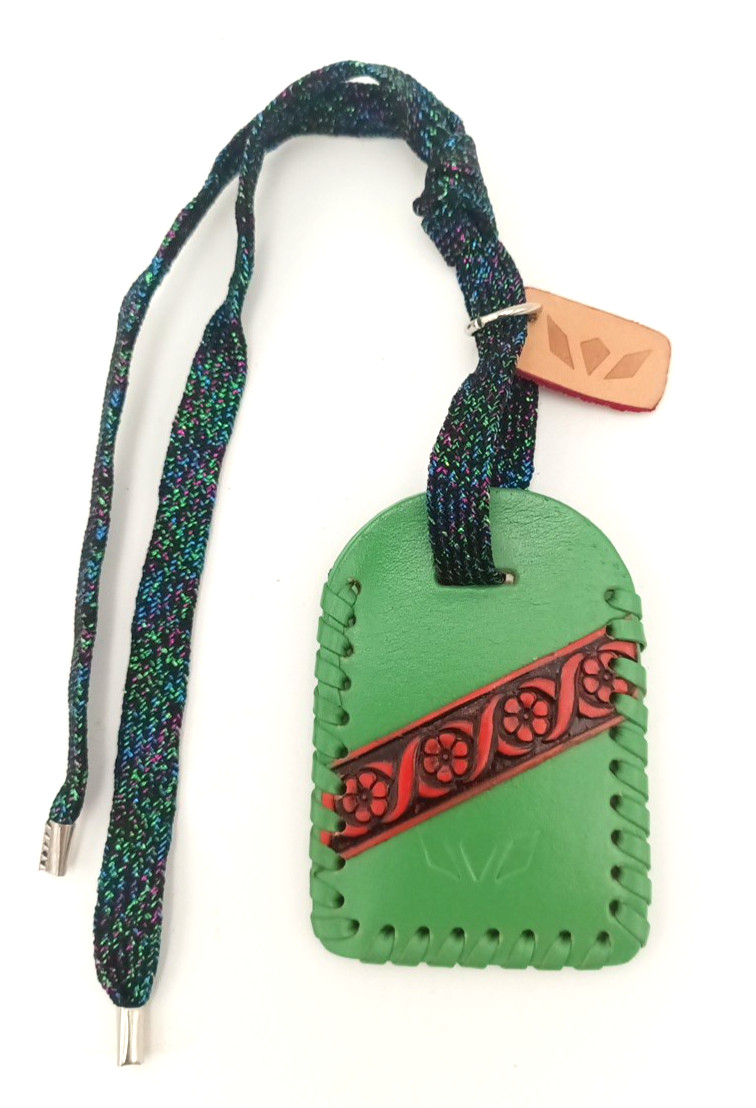 Consuela Green and Orange Leather Luggage Tag