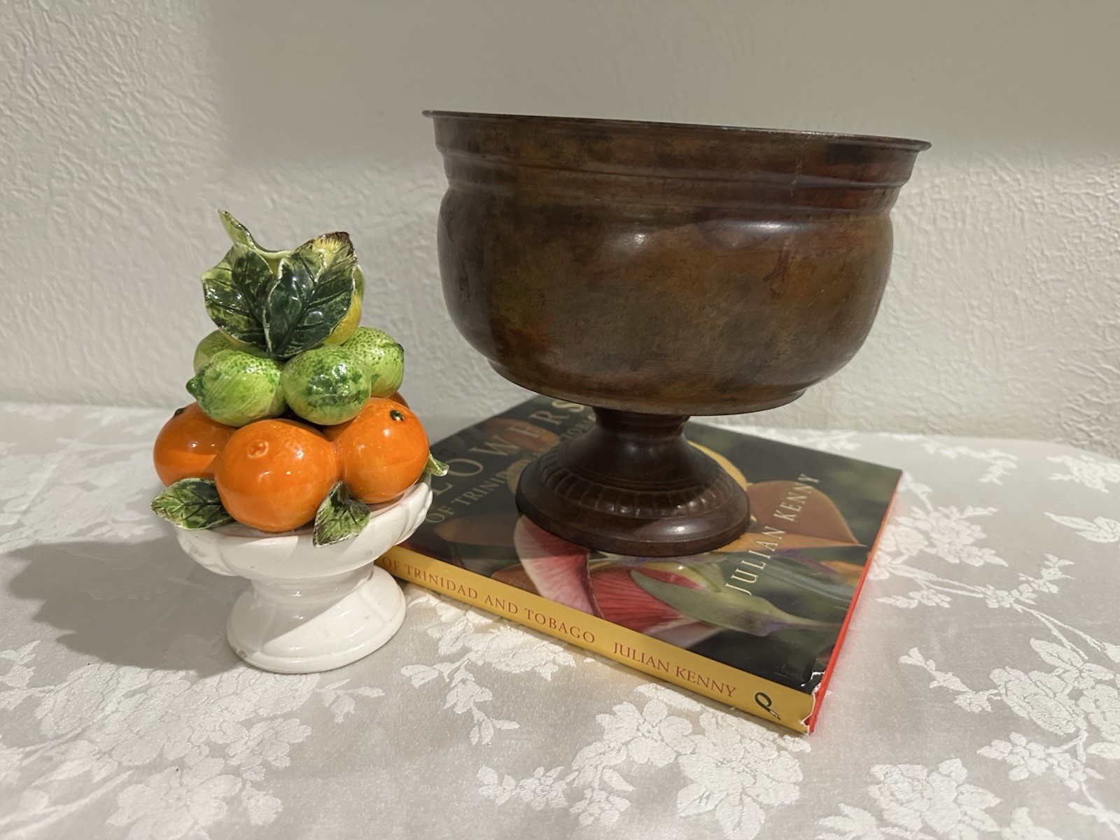 Vintage MCM Home Decor Metal Bowl, Book, Fruit
