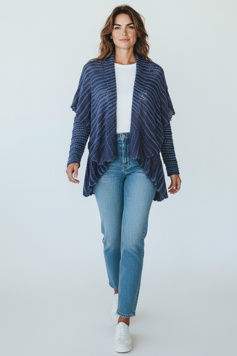 Lauren Ralph Lauren Cardigan Sweater Womens S Blue Striped Open Knit Shawl