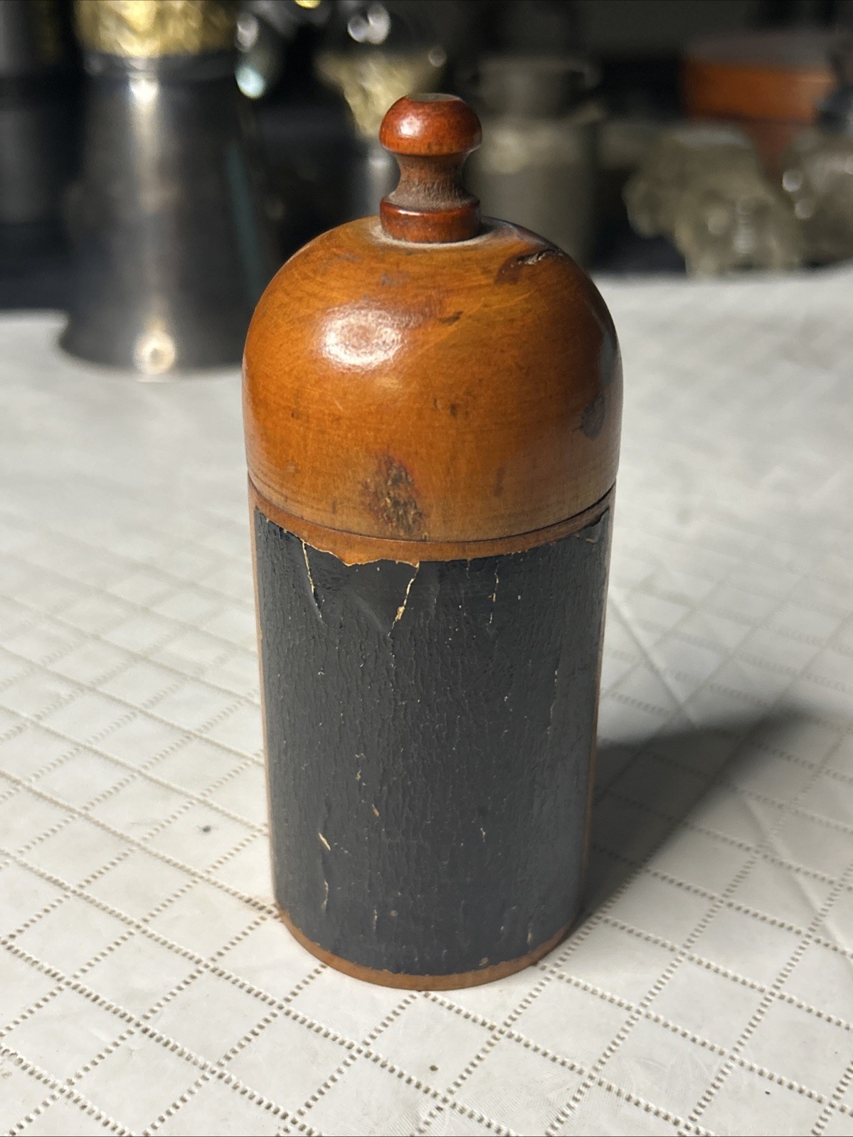 Antique Treenware Turned Wood Canister Container Finial Top Lid Apothecary Paint