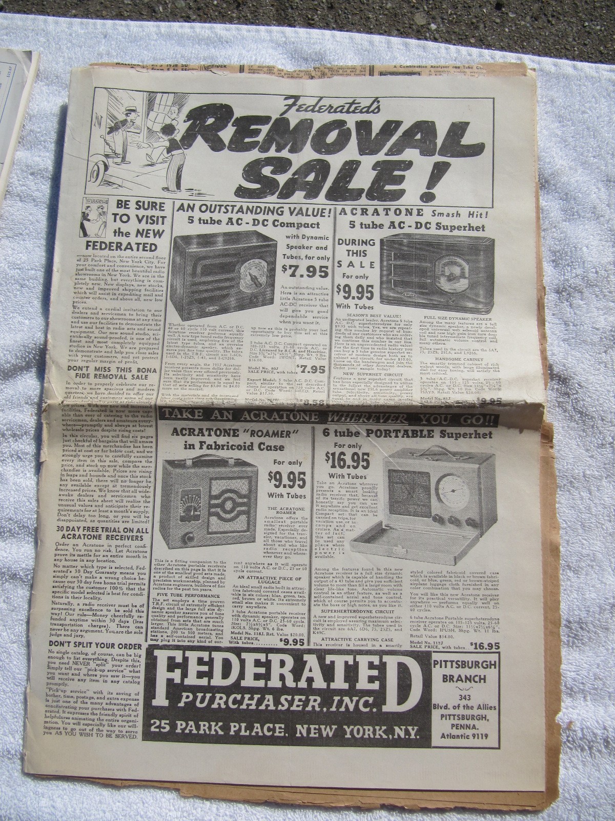 1937 FEDERATED Radio Trade Catalog Removal Sale NY Advertising Booklet Acratest
