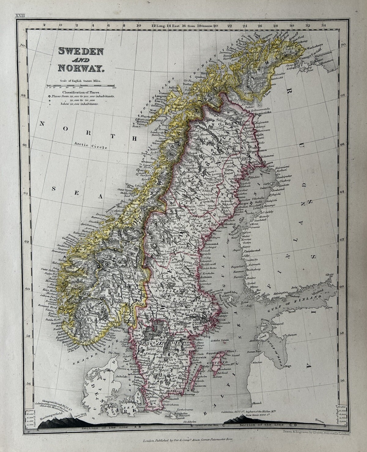 1850 Sweden & Norway Hand Coloured Antique Map By John Dower Showing Mountains