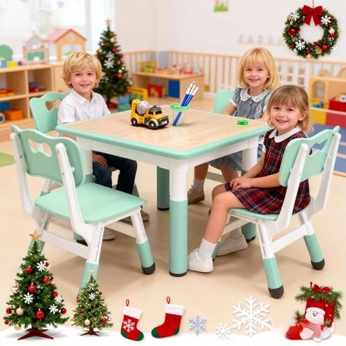  Modern Kids Table and 4 Chair Set,23" Height Adjustable Toddler Table and Teal