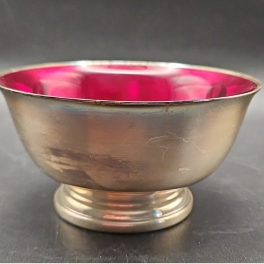 Vtg Gorham YC795 Silver Plated Bowl 4.5” Diameter With Ruby Red Glass Insert