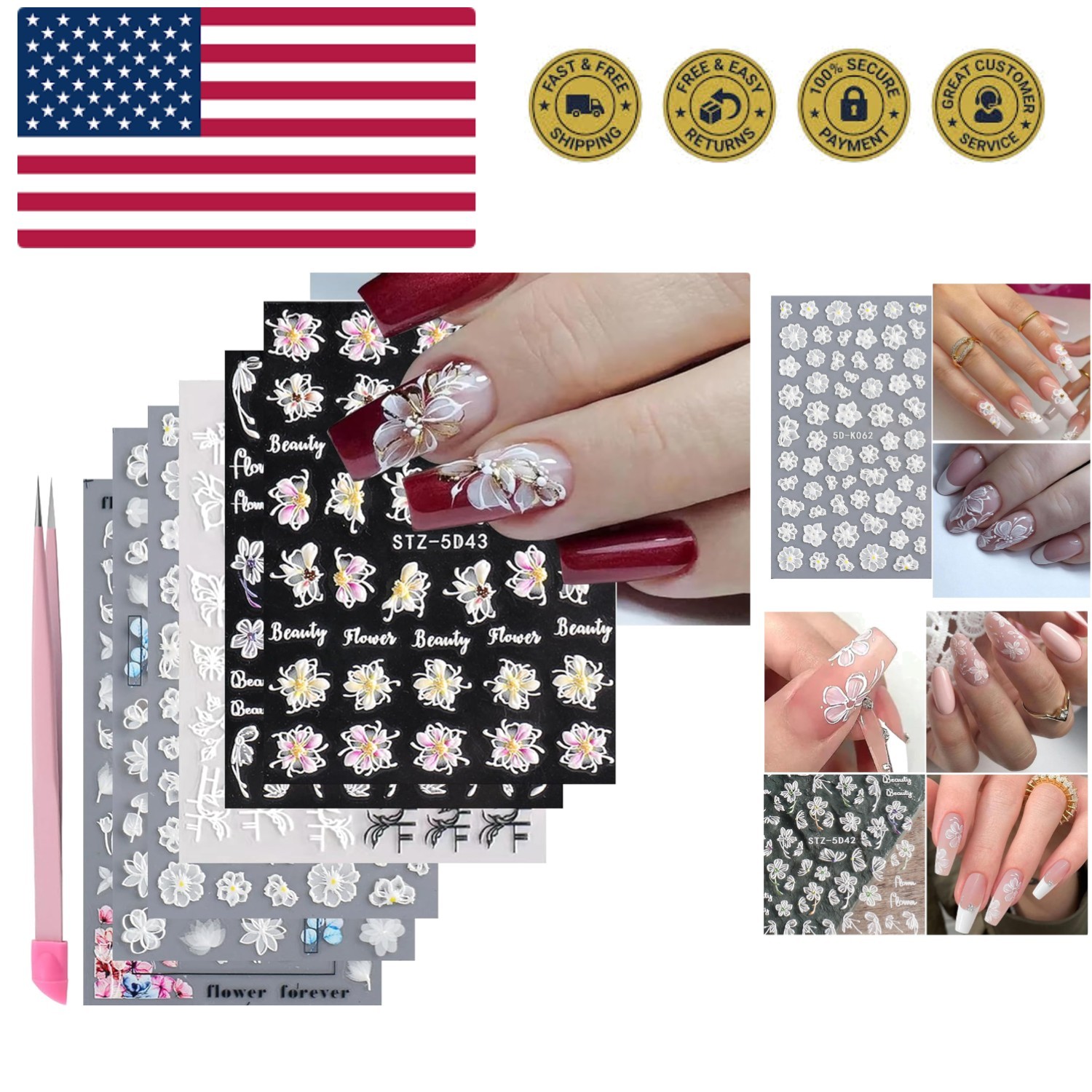 6 Sheets White Flower Nail Art Stickers Decals 5D Embossed Nail Decals Spring...