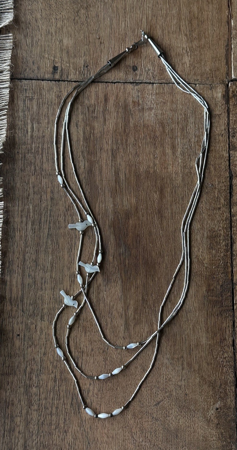 Vintage Sterling Liquid Silver Carved Birds Fetish Necklace 14" Native  20g