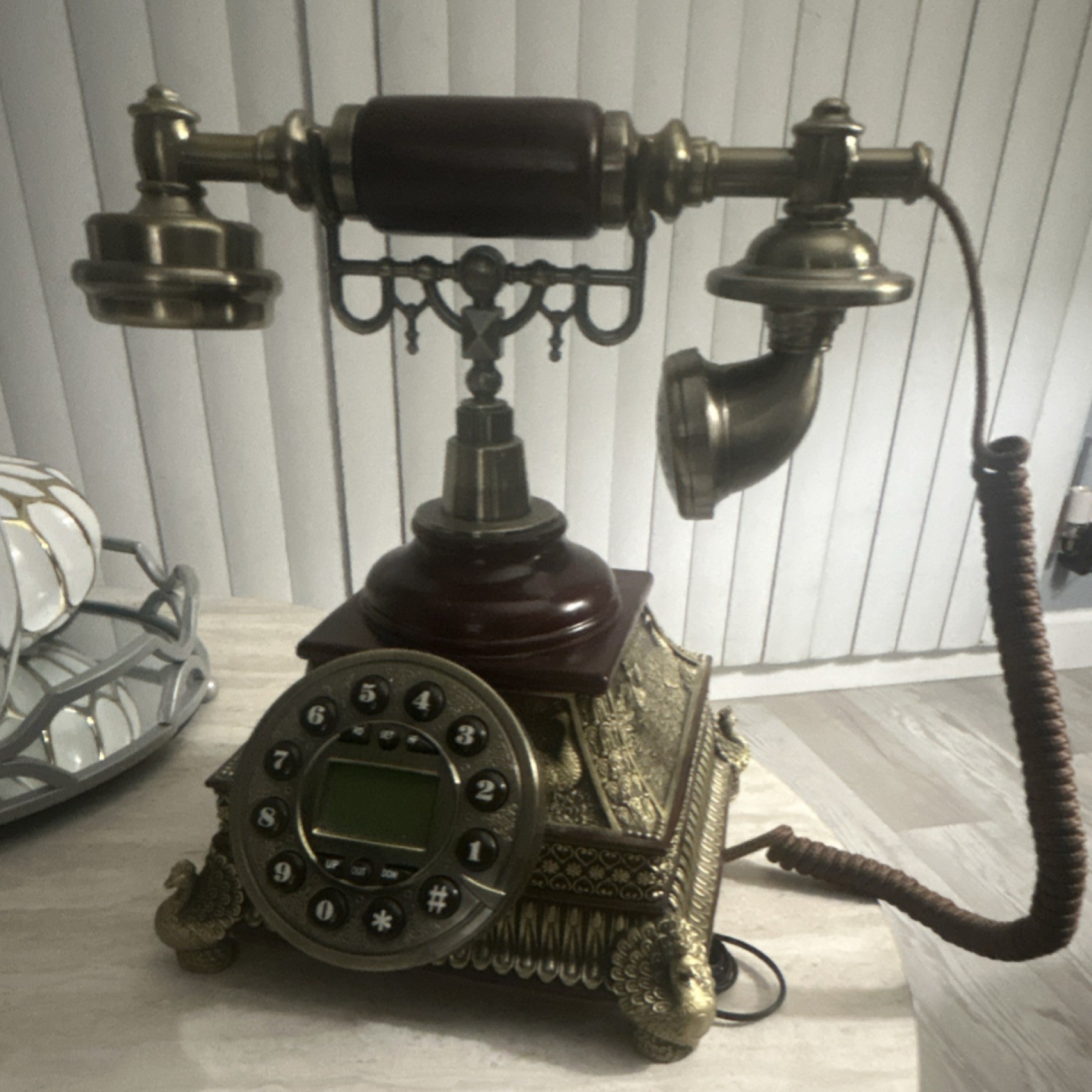 Vintage Style Home Telephone Ornate Brass Wood Digital Display Push-Button Dial