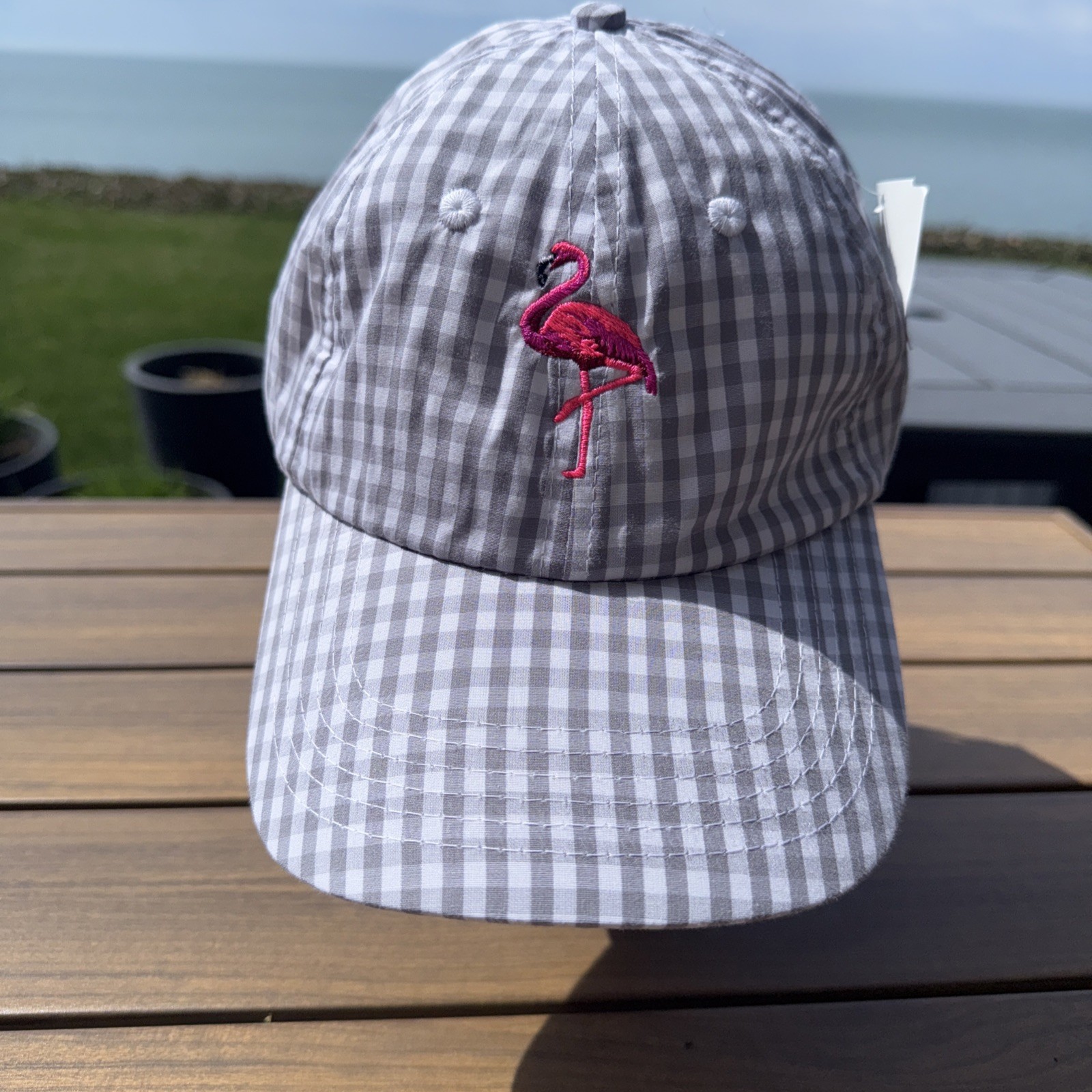 Flamingo Pink Embroidered on Gray White Checked Cotton Hat Cap Strap Buckle EUC