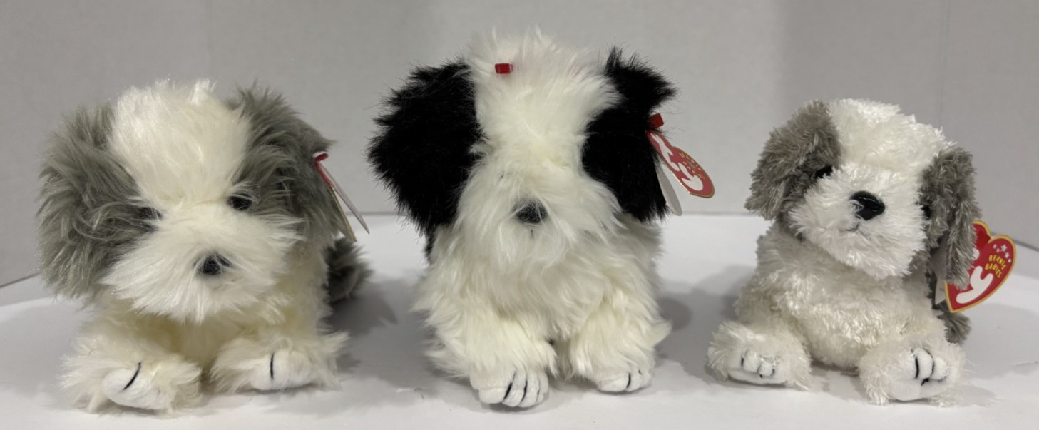 SET of 3 Ty Beanie Babies Plush: SHEEPDOGS: FURSTON, POOFIE & HERDER Retired NWT