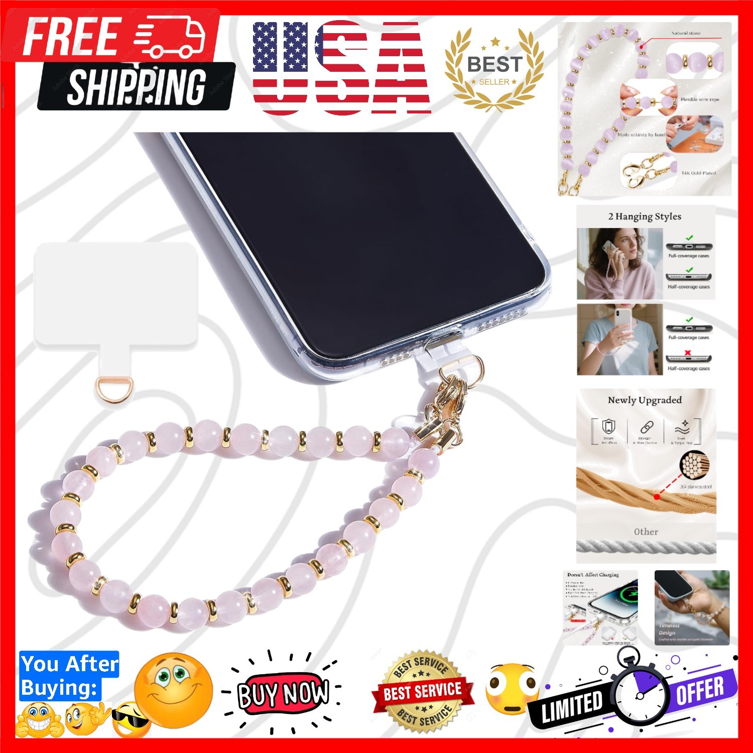 Marble Beaded Phone Wrist Strap,Detachable Phone Bracelet Strap with Tether T...