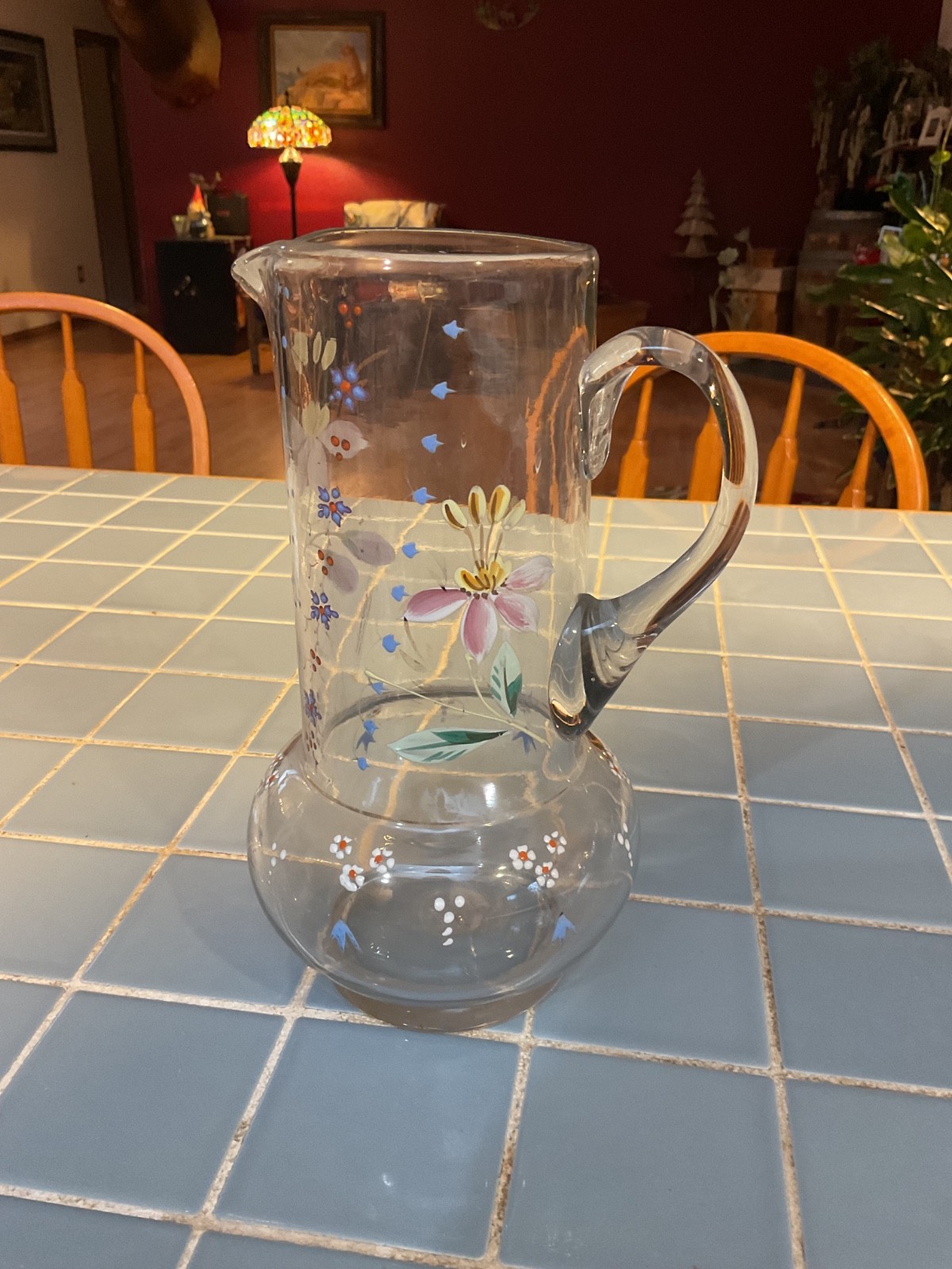 Vintage Hand Painted Flower Clear Glass Pitcher 