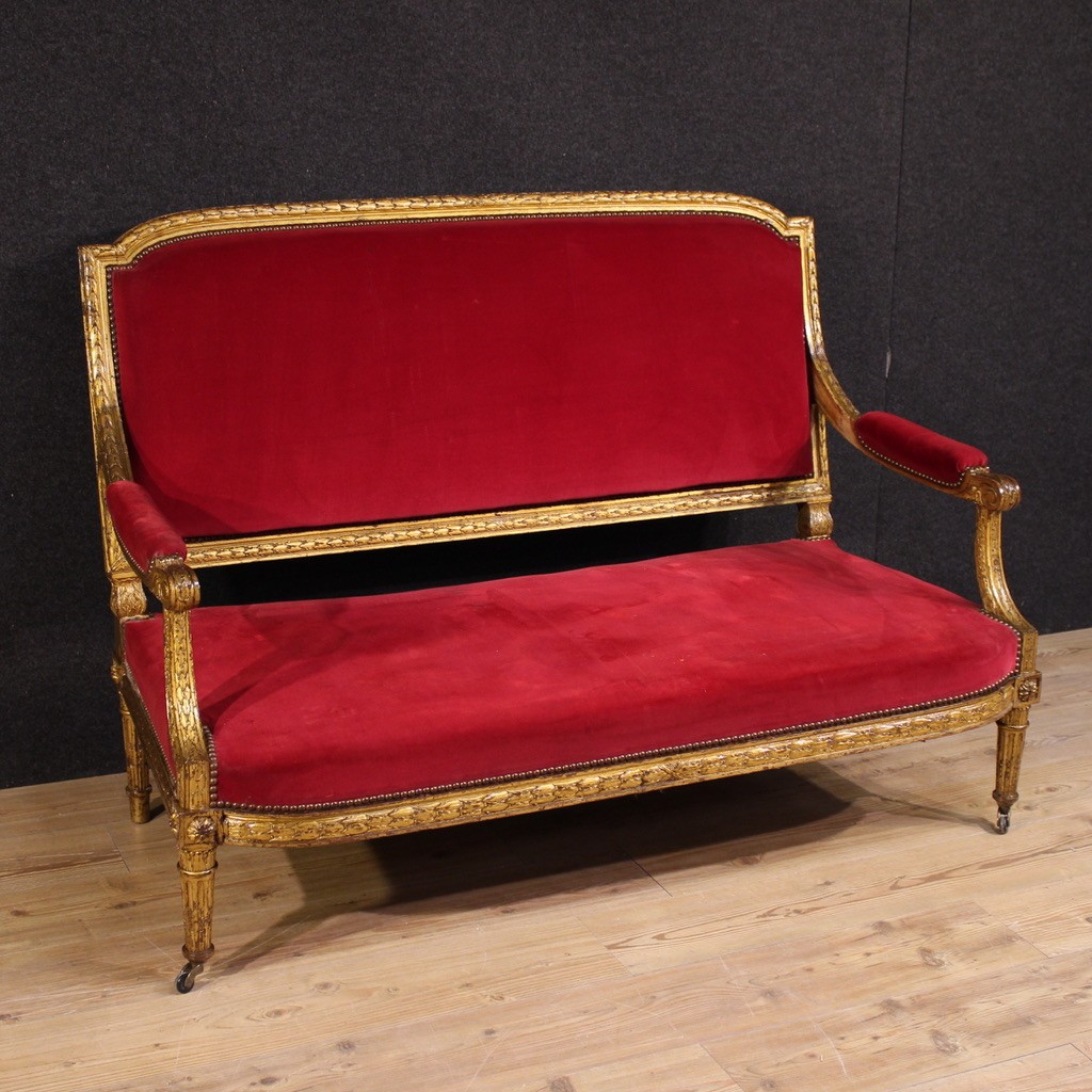 Antique Sofa French Napoleon III Wood Golden Velvet Red Nineteenth Century